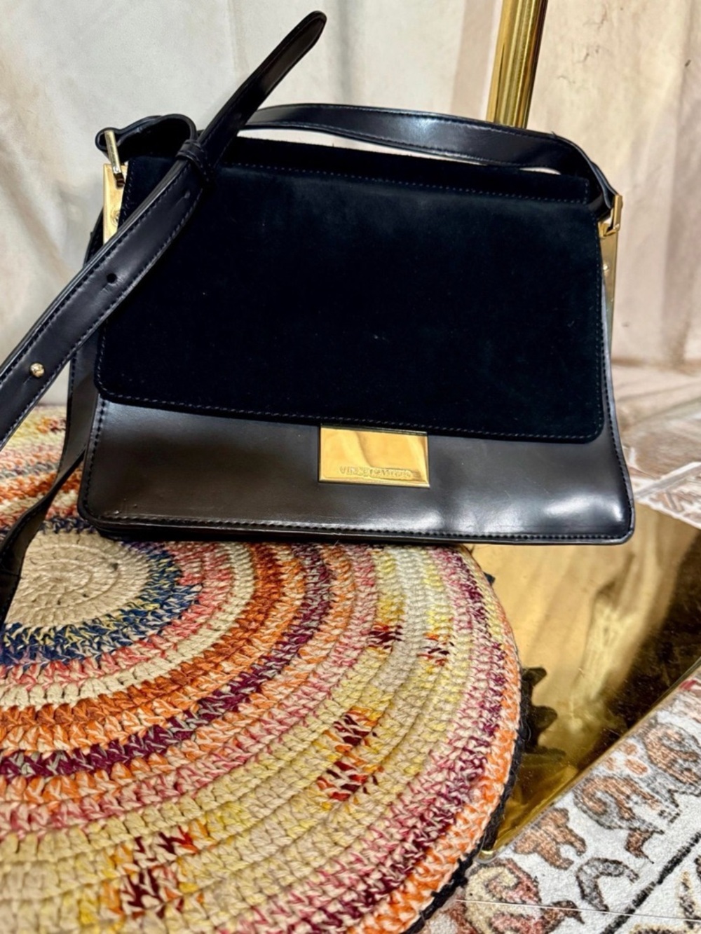 Vince Camuto Black Leather and Suede Shoulder Bag with Gold Accent